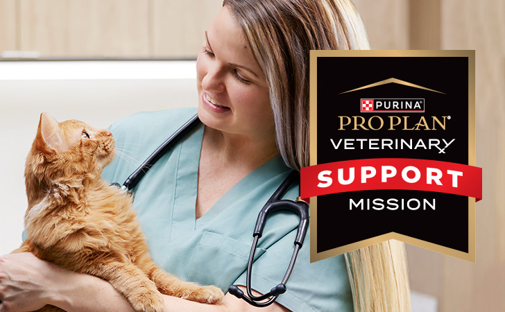 Woman holding a cat next to the Pro Plan Veterinary Support Mission logo and $1,000,000