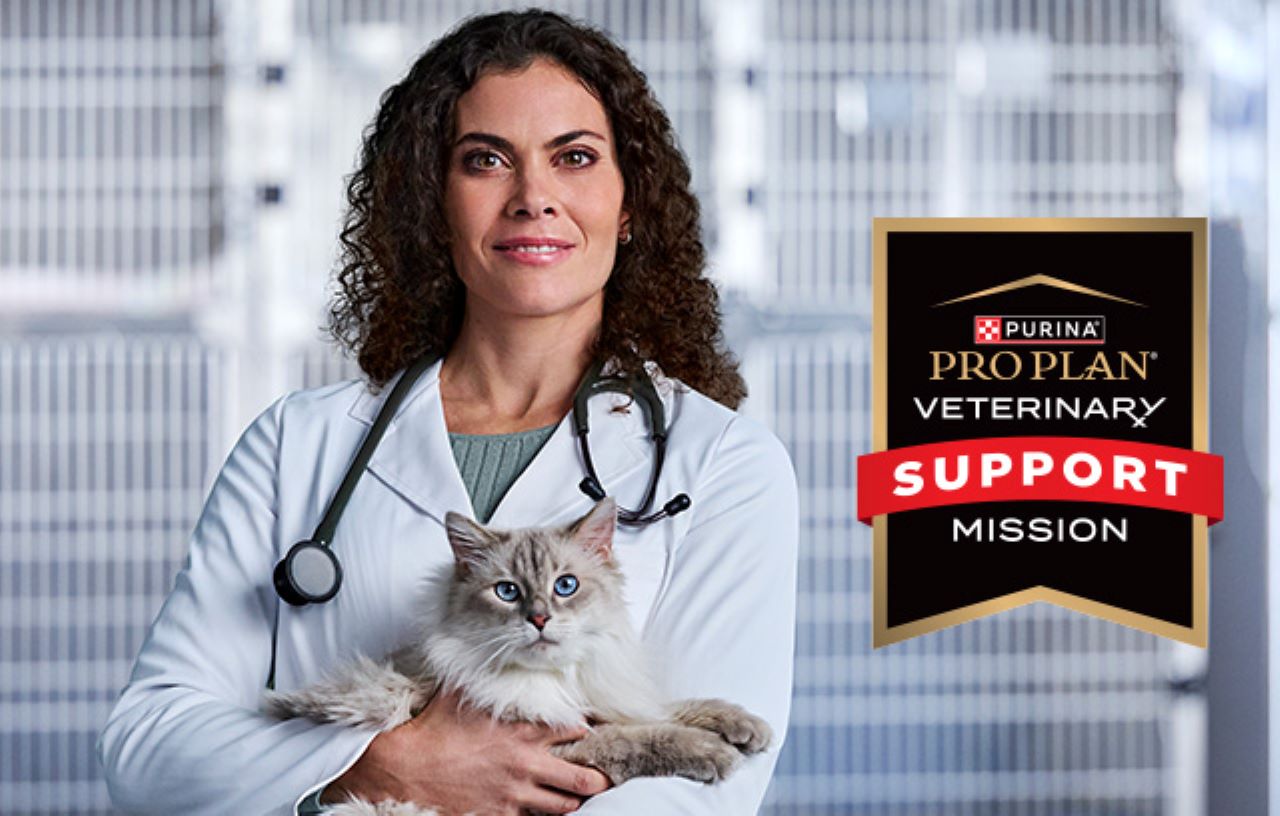 A veterinarian holding a cat next to the Pro Plan Veterinary Support Mission logo. 