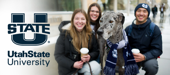  The Utah State University logo next to a group of students and a dog